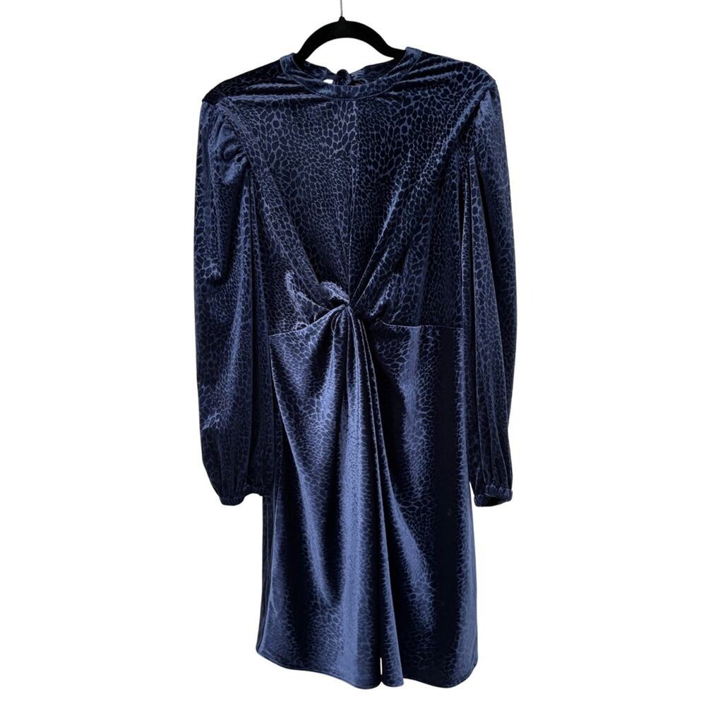 Ryegrass Blue Velvet Subtle Animal Print Long Sleeve Waist Knot Dress